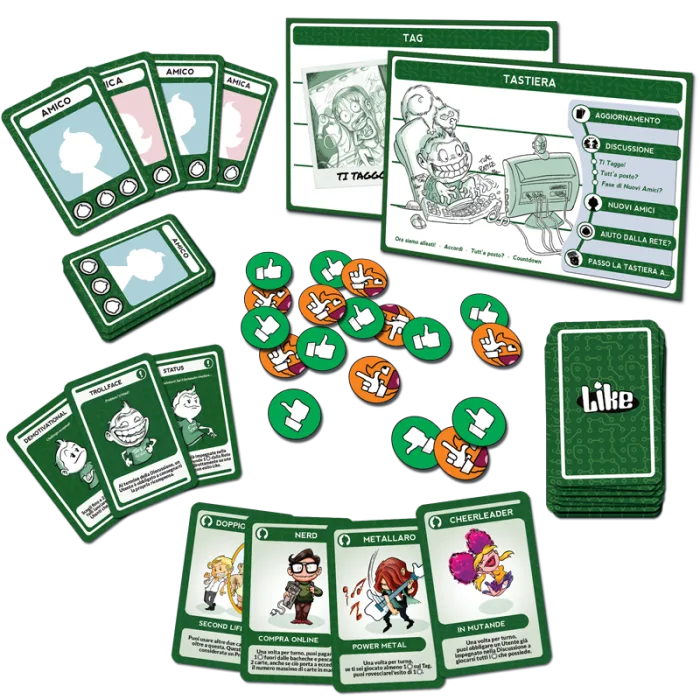 Componenti di Like – The Social Game: bacheche Tag e Tastiera, carte Amico, Post e Profilo e segnalini Fan