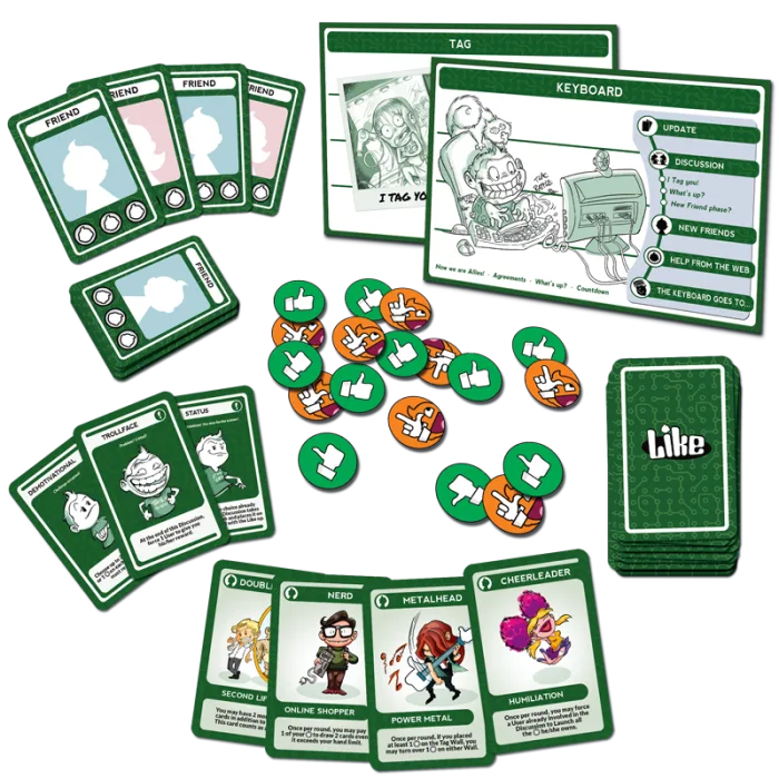 Components of Like – The Social Game: Tag and Keyboard Walls, Friend, Post and Profile cards and Fan tokens